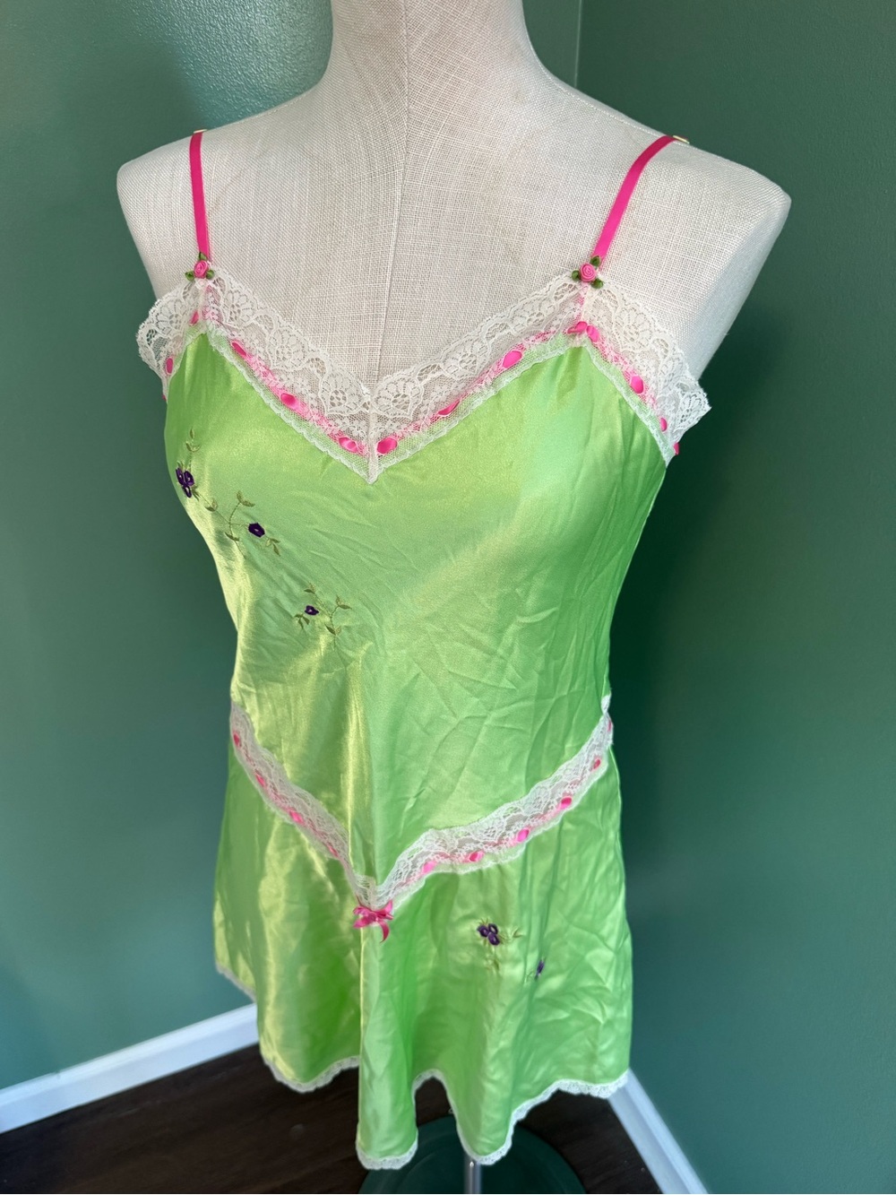Betsey Johnson Silk-Feel Lime Green Lace Trim Slip Dress - Women's Intimates